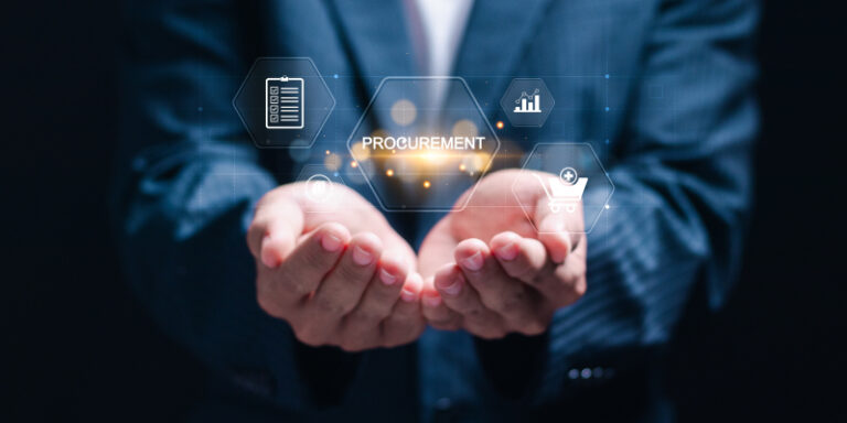 A businessman holding a digital procurement icon underscores the expensive IT procurement mistakes commonly made by SMBs.