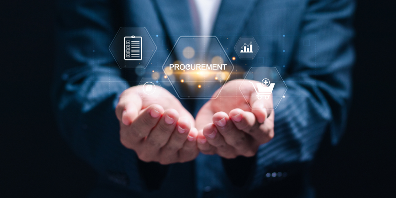A businessman holding a digital procurement icon underscores the expensive IT procurement mistakes commonly made by SMBs.