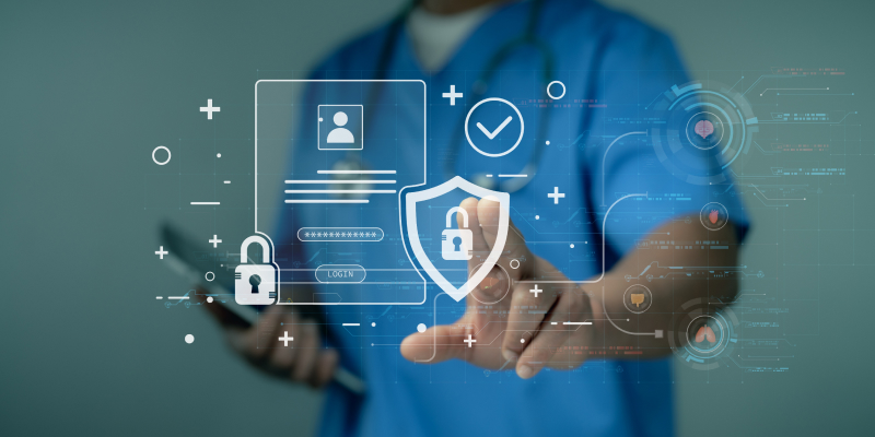 Medical professional touching digital screen showing cybersecurity for patient information protection.