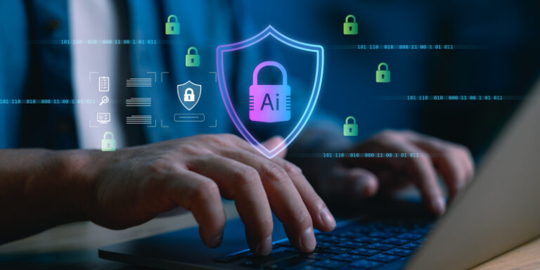 Person working on a computer focused on AI-driven cybersecurity monitoring