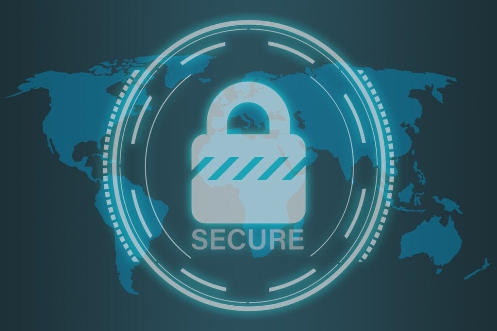 An illustration shows a part of the world map in the background and a lock in the front that says "Secure.”