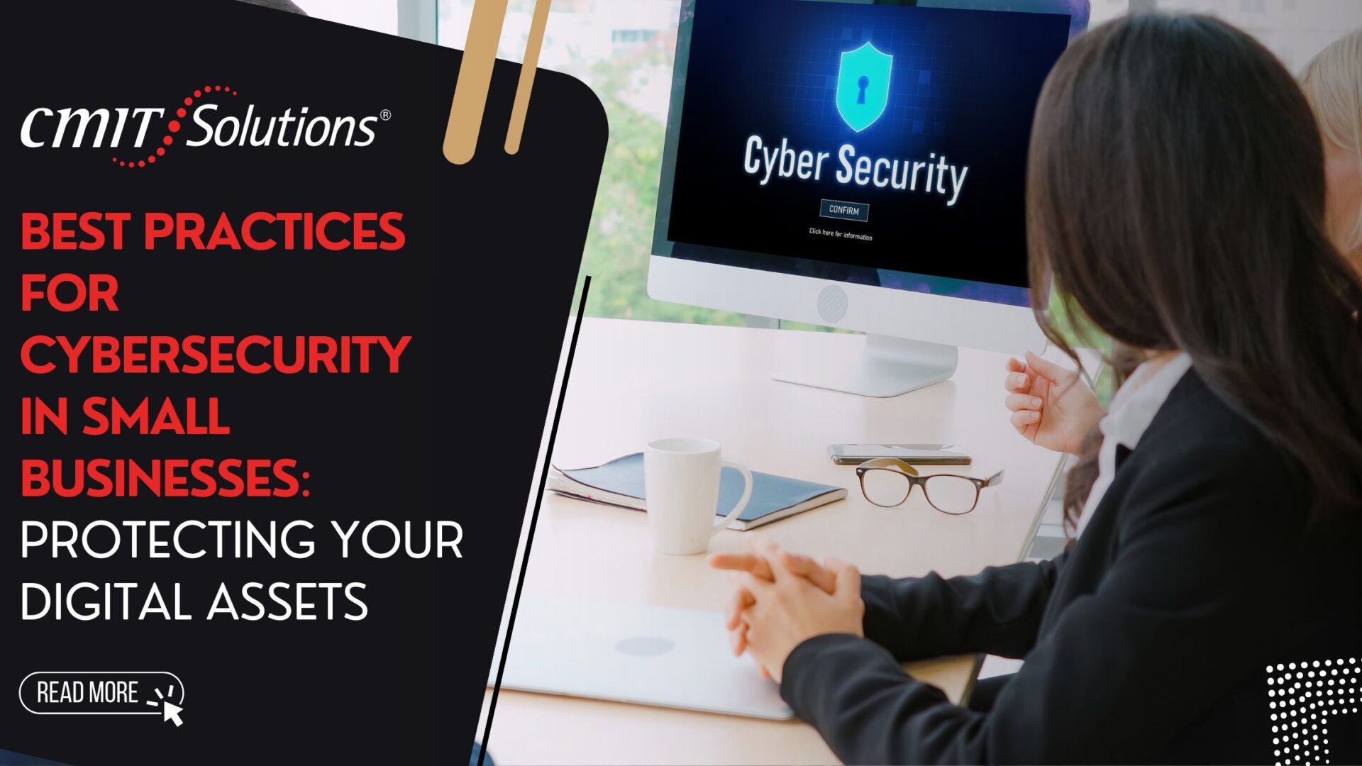 Small business professionals review cybersecurity measures on a desktop screen