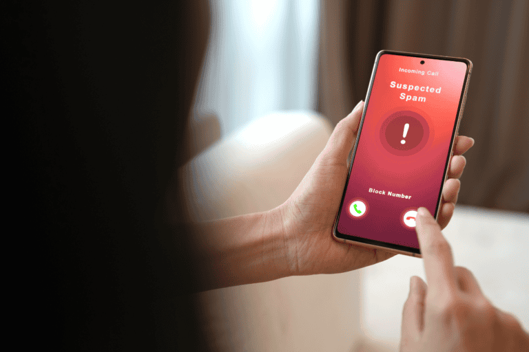 Over the shoulder view of a woman receiving a suspected spam call on her smartphone from an unknown caller stock photo