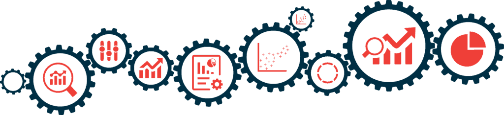 A digital graphic of machinery wheel bubbles with various charts within them. 