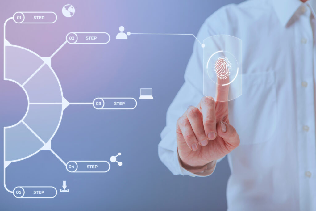 Internet Security Circle Icons Set. Business man touching virtual fingerprint, authentication concept