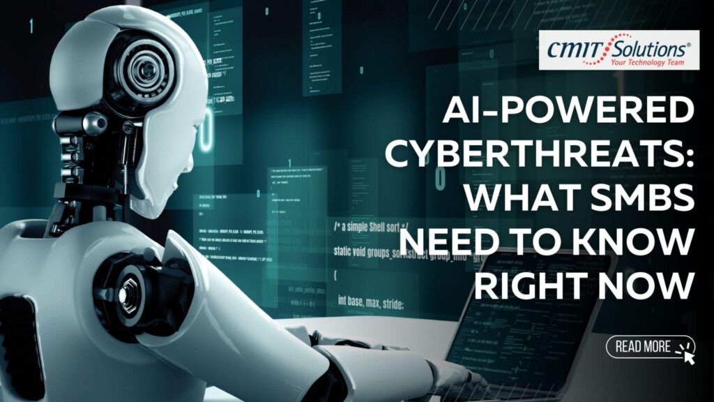A humanoid robot scans code on a screen, highlighting the rise of AI-powered cyberthreats for SMBs