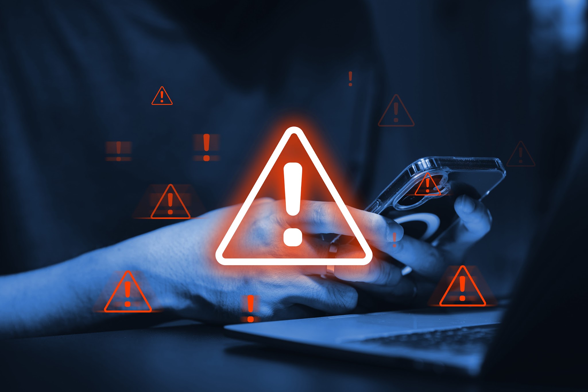 Person receiving multiple security warning alerts on a mobile device and laptop, representing cyber threats and the importance of proactive cybersecurity for small businesses.
