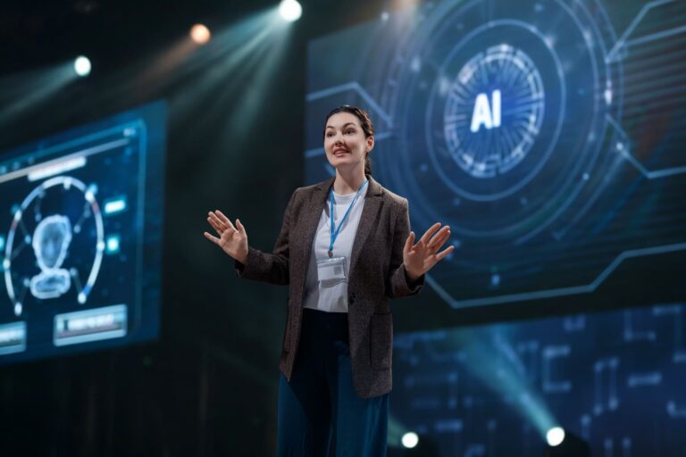 Woman presenting on stage with AI visuals on screen