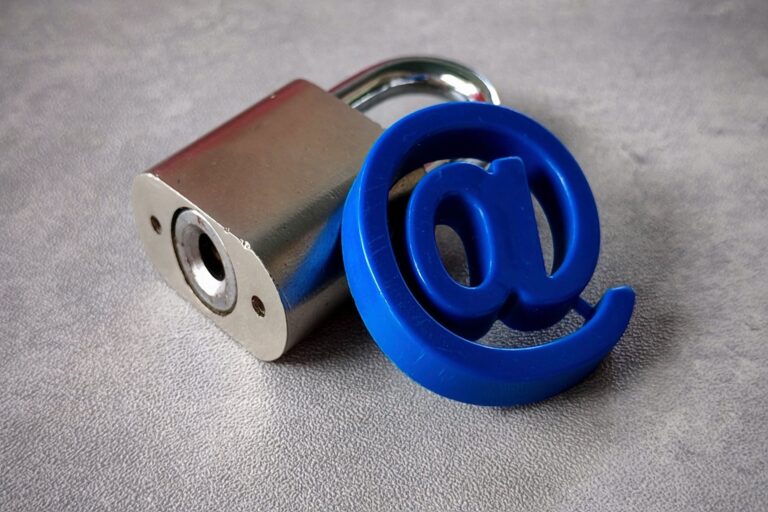 Metal padlock with blue @ symbol representing email security.