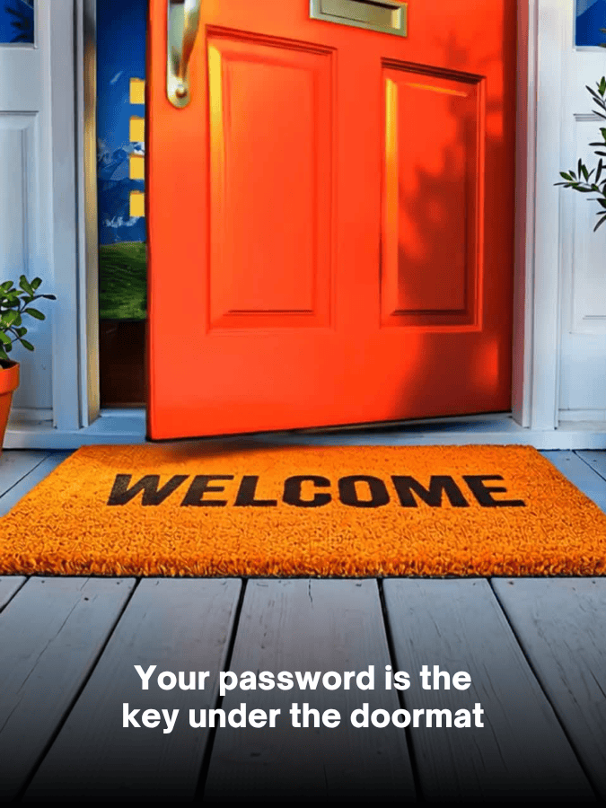 Bright orange front door with a 'WELCOME' mat on a wooden porch; overlay reads 'Your password is the key under the doormat'.