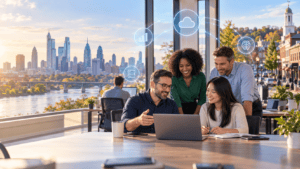 Philadelphia-area business team collaborating in a modern office, with cloud and network technology connecting the city and western suburbs.