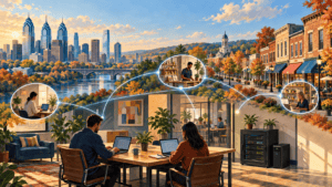 Illustration of connected local workplaces, a Philadelphia-inspired skyline, and brick storefronts in an autumn landscape.