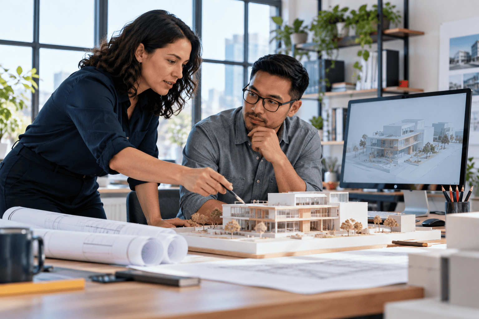 Illustrative architecture and engineering firms team using business technology together