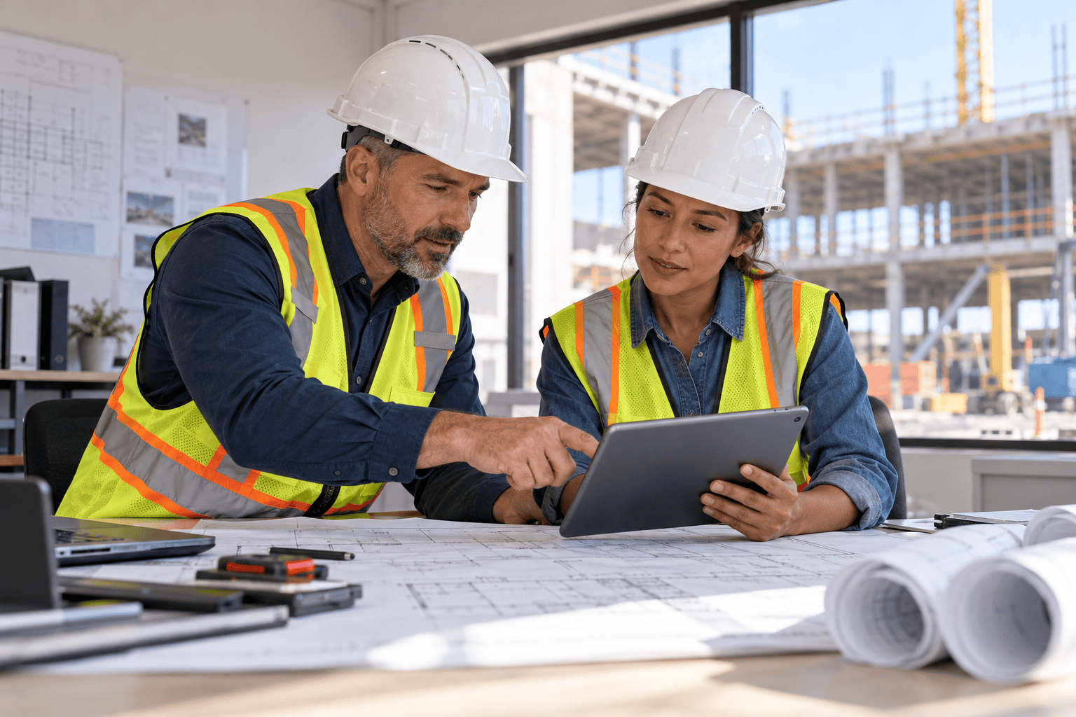 Illustrative construction firms and contractors team using business technology together