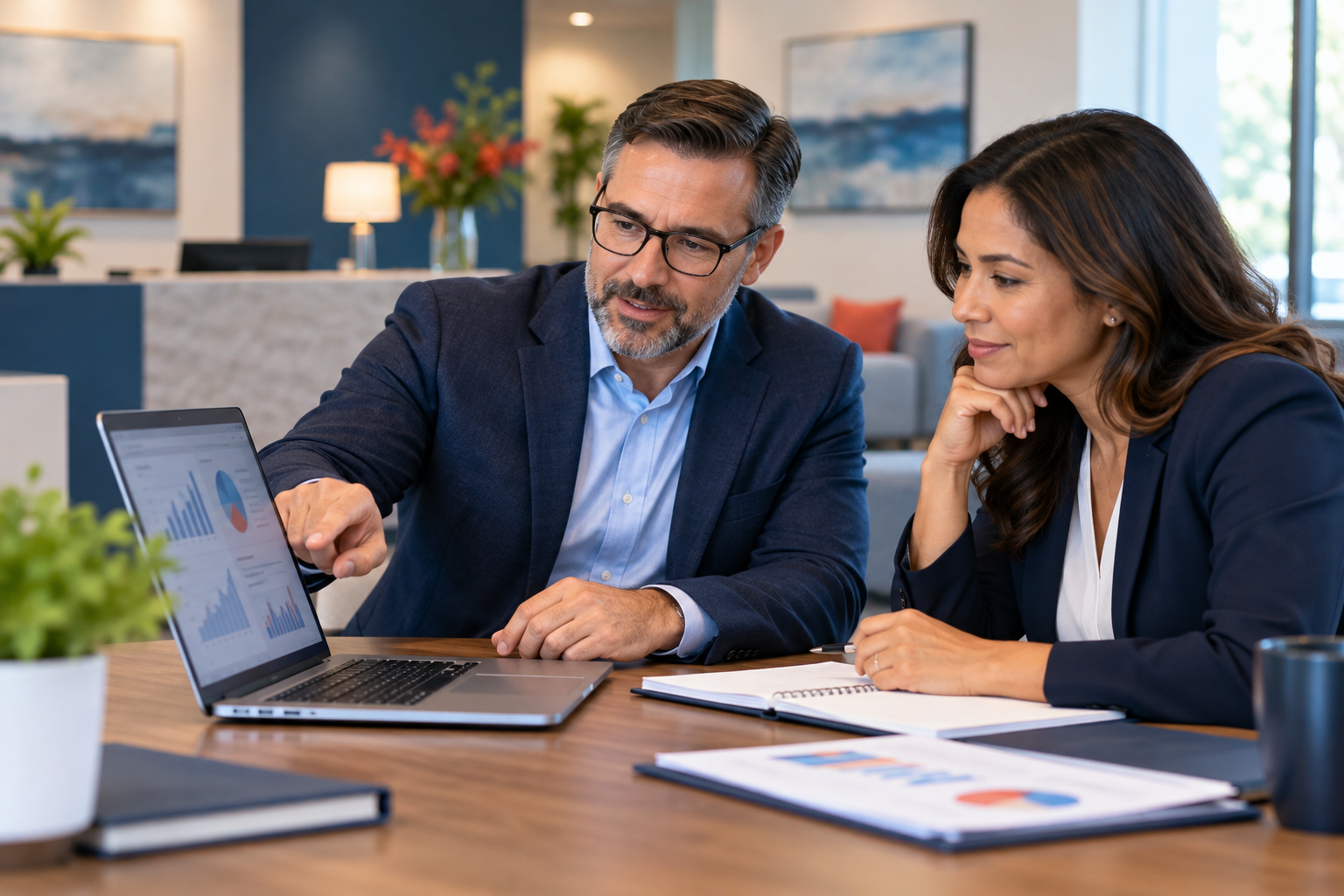 Illustrative financial services and insurance firms team using business technology together