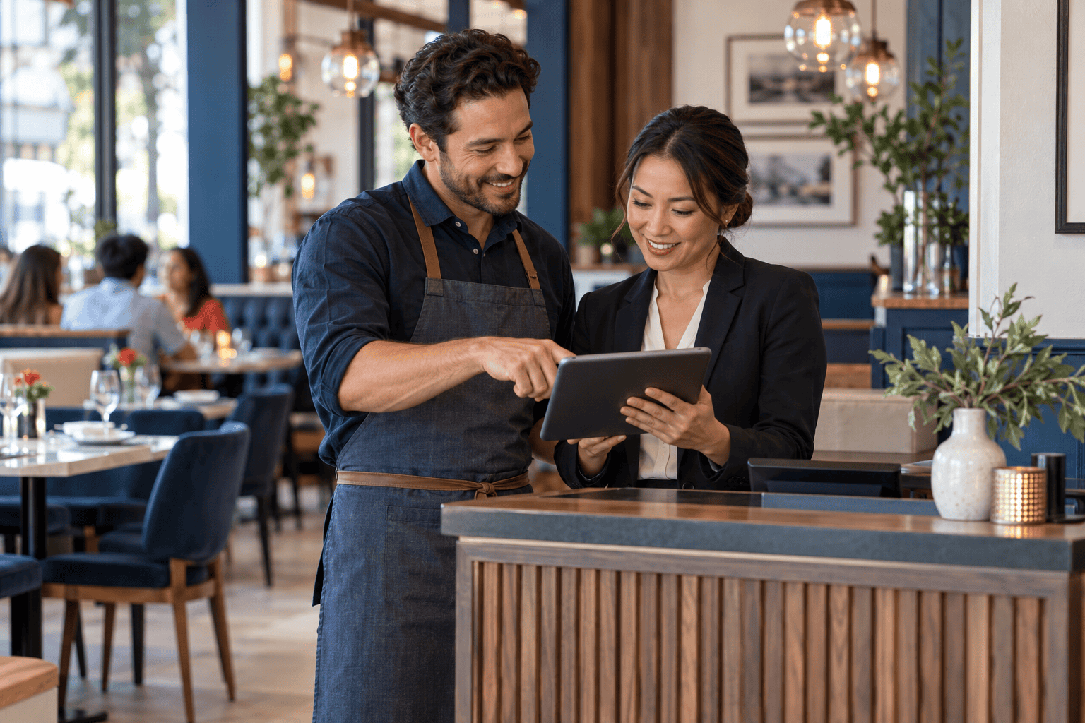 Illustrative hospitality and food-service businesses team using business technology together