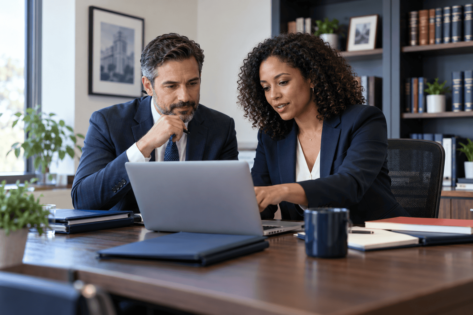 Illustrative law firms team using business technology together