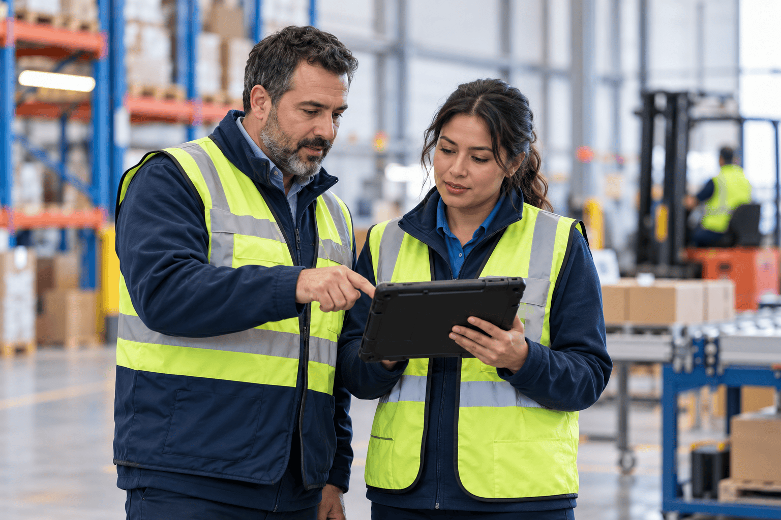 Illustrative manufacturers and distributors team using business technology together