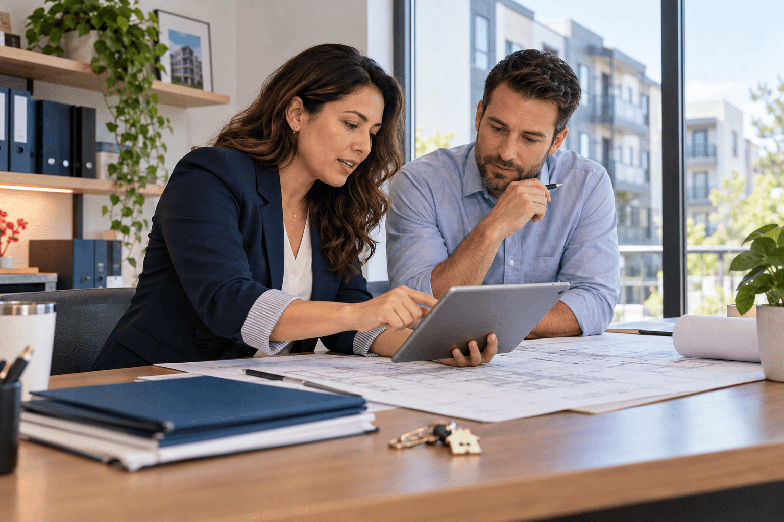 Illustrative real estate and property management businesses team using business technology together