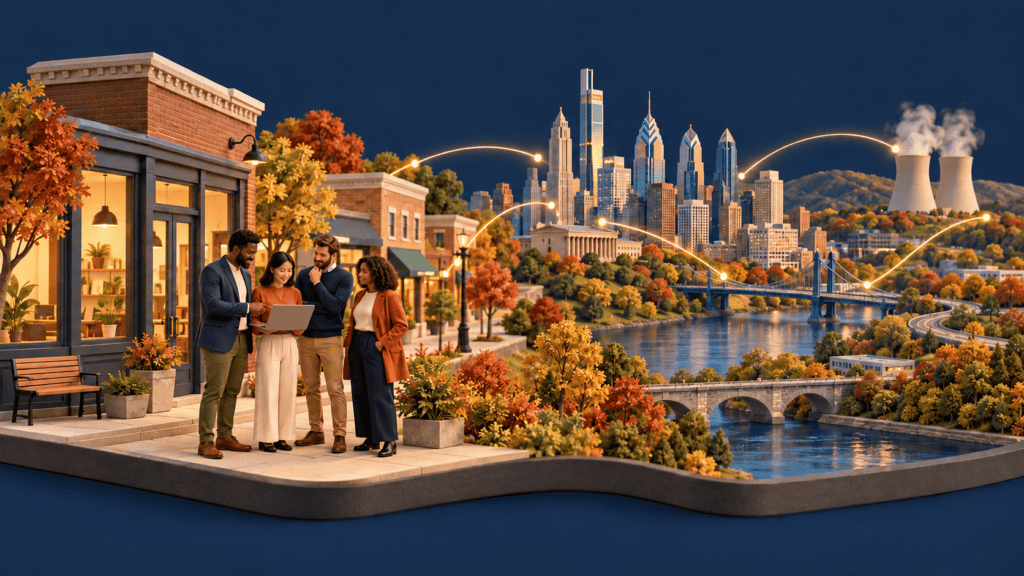 Conceptual illustration of business owners with a laptop, Philadelphia’s skyline, suburban storefronts, and distant nuclear cooling towers.