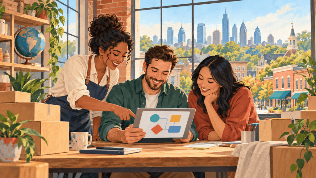 Illustrated business team reviewing a workflow on a tablet, with shipping boxes, a globe, and a conceptual Philadelphia-region backdrop.