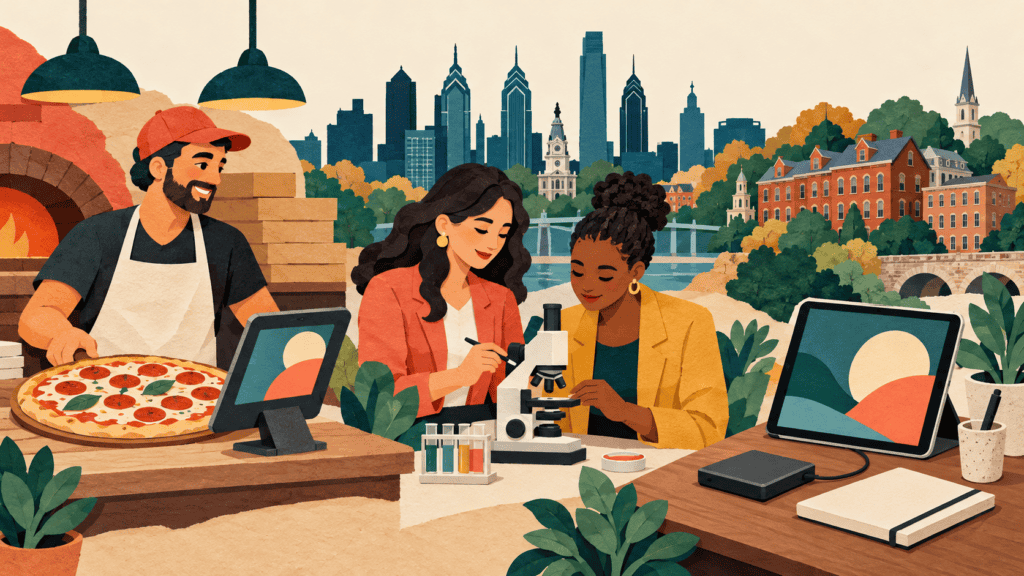 Illustration of a pizza shop’s tablet register, women health-tech founders, and a backup-equipped workstation against a conceptual Philadelphia-region backdrop.