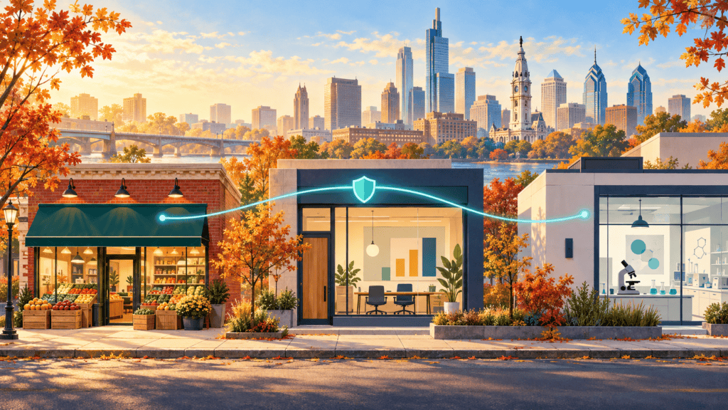 Autumn illustration of a grocery store, office, and laboratory connected by a teal line and shield beneath the Philadelphia skyline.