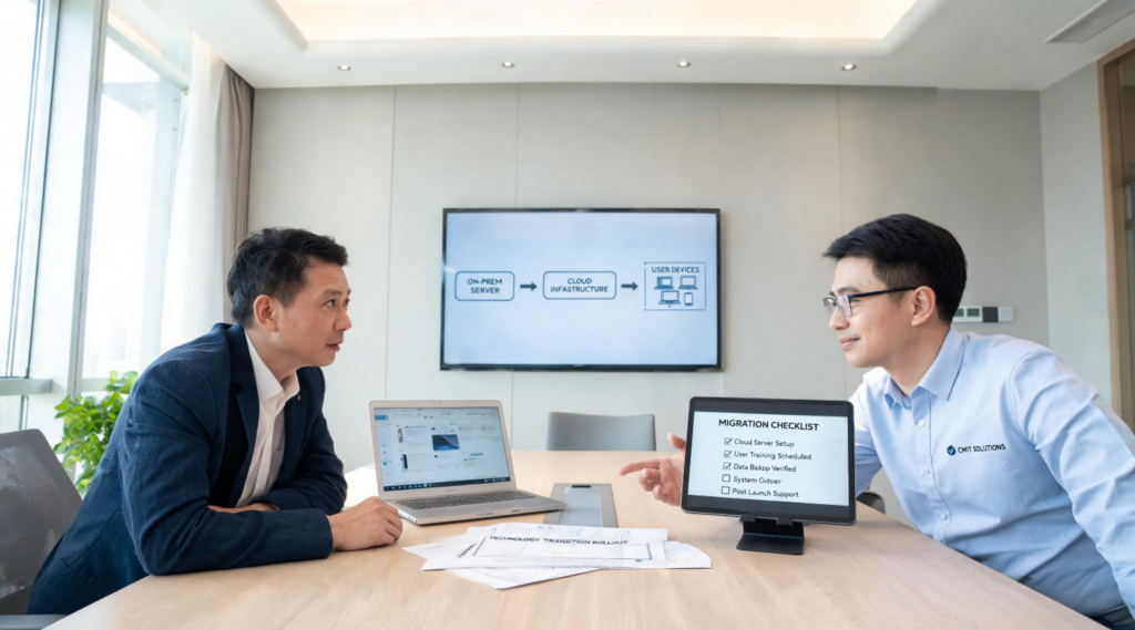 Business owner discussing technology transition plan with CMIT Solutions advisor