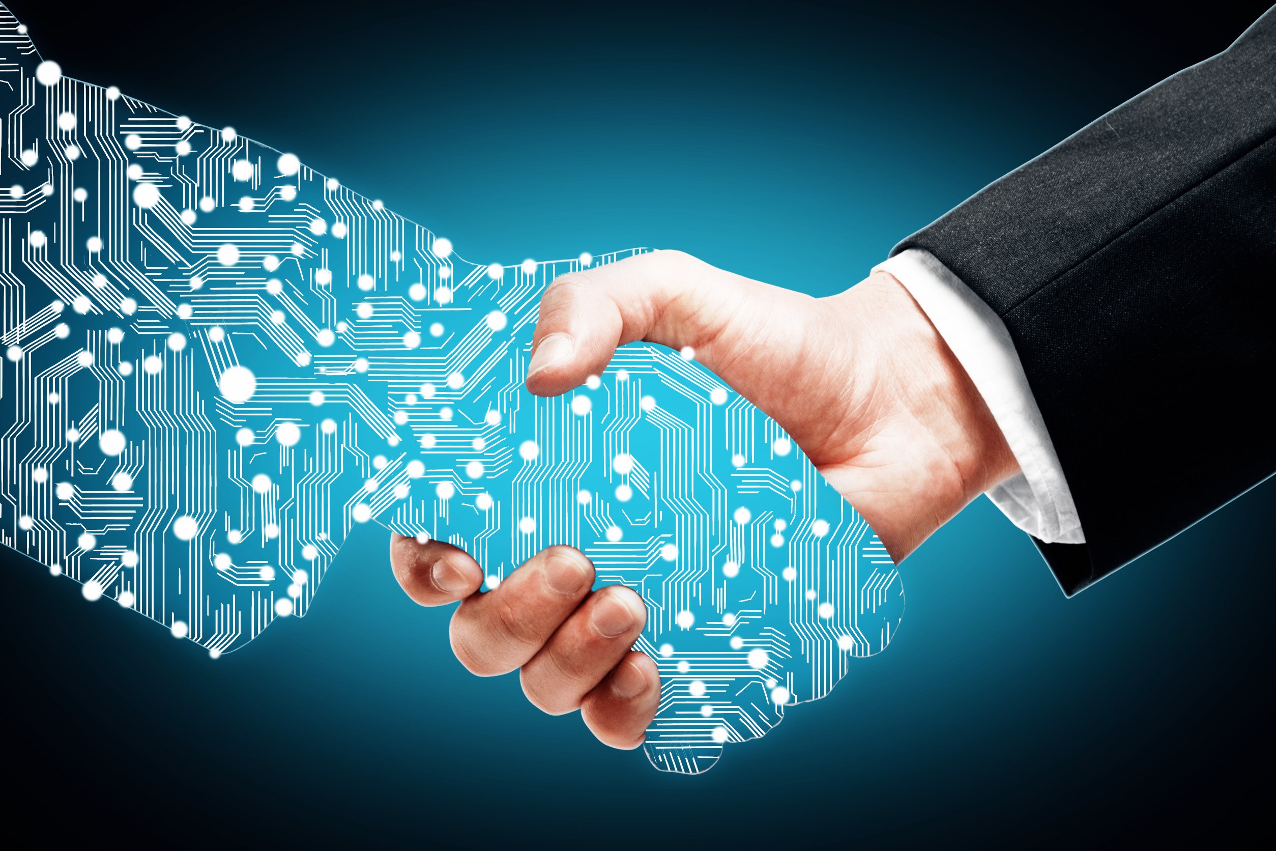 An SMB owner shakes hands with a binary person that symbolizes AI