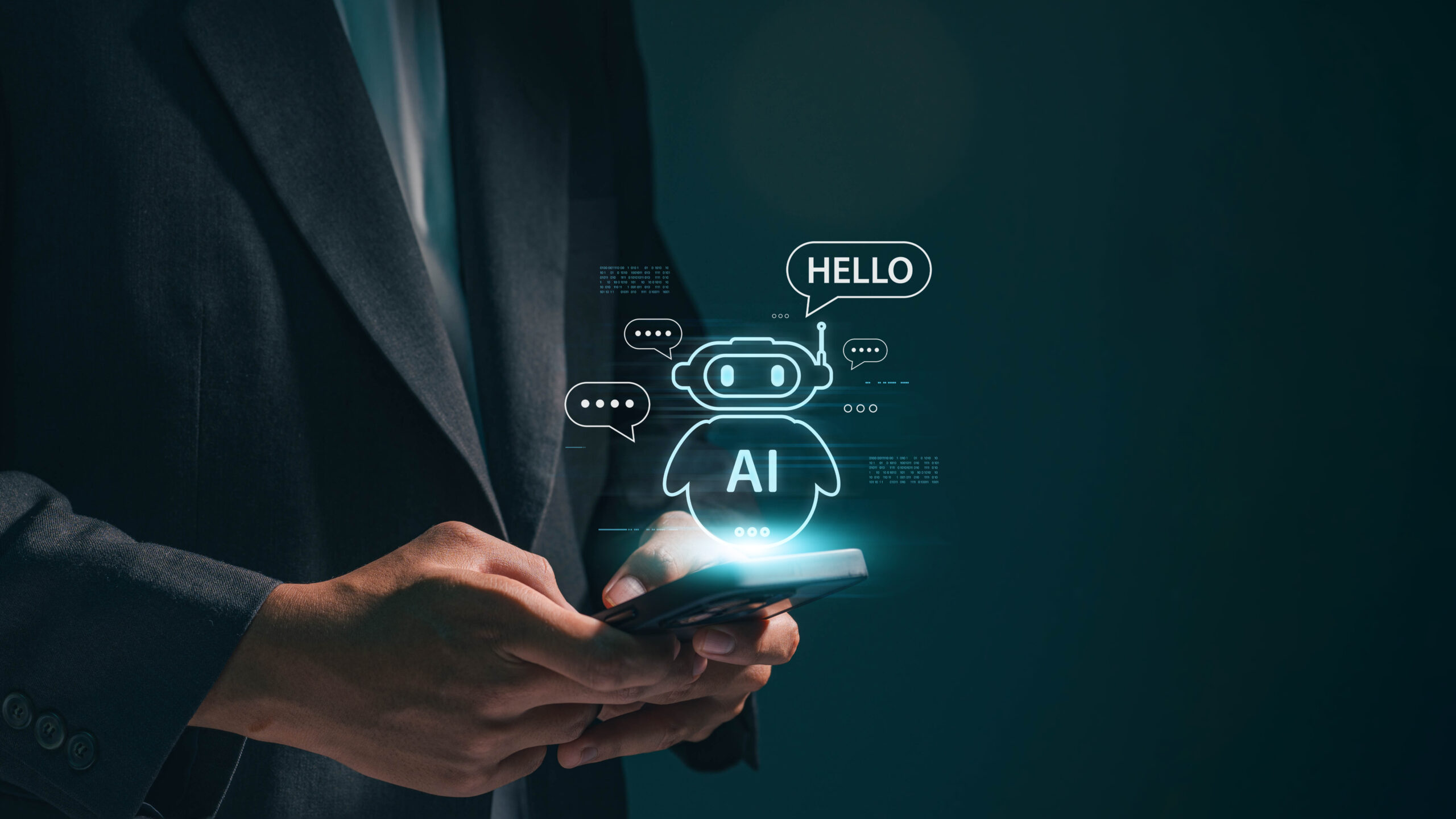 Businessperson uses an AI chatbot on smartphone to enhance customer engagement.