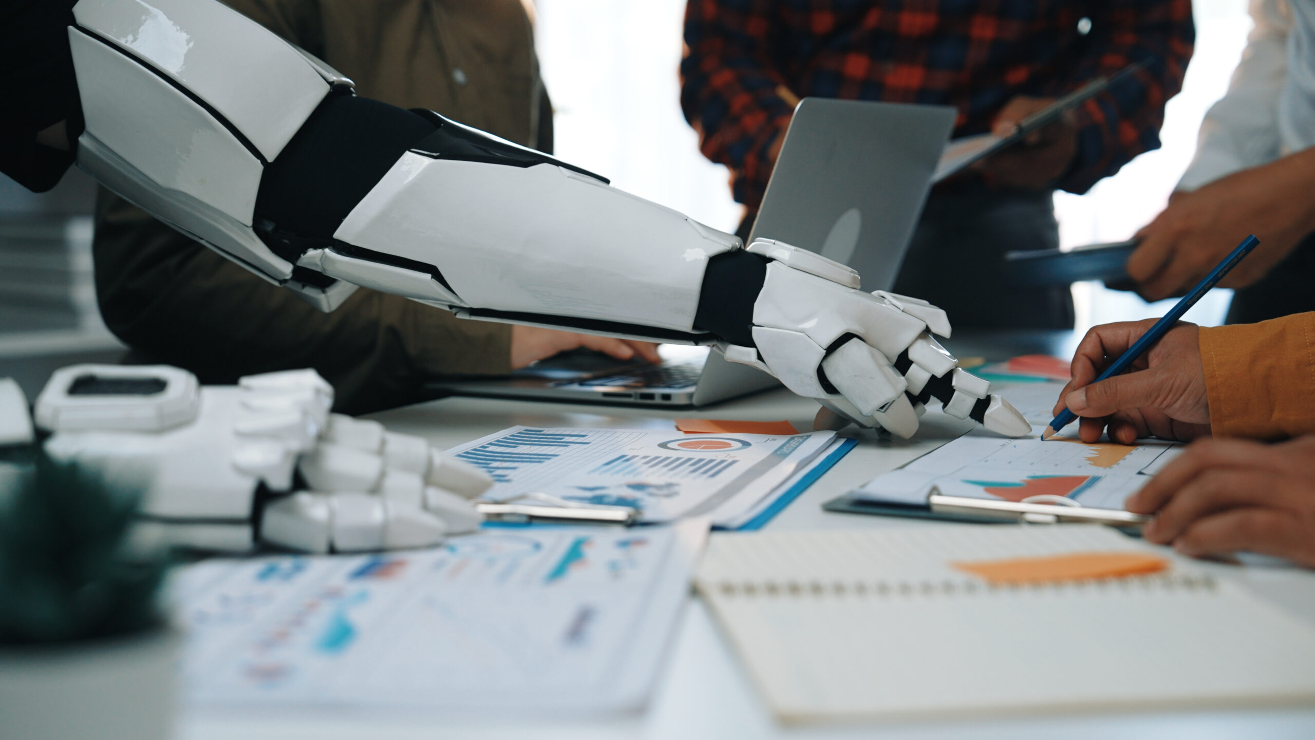 Robotic arm and human team analyze data, highlighting the need for actionable AI insights