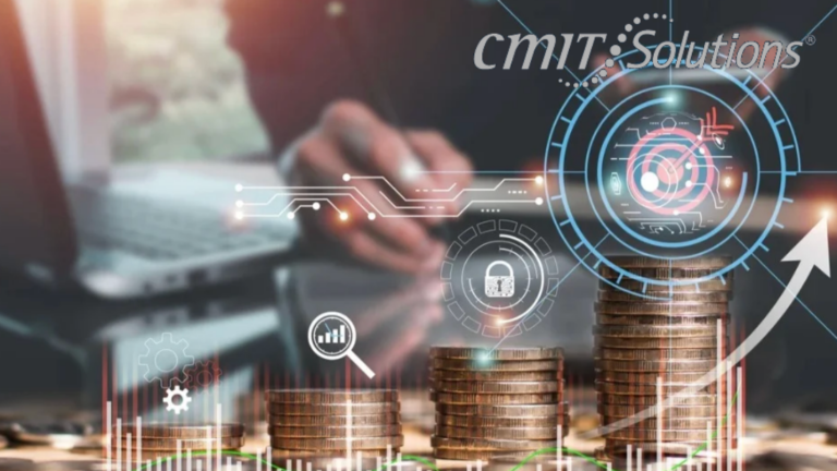 Stacks of coins with blue holographic UI elements and the CMIT Solutions logo, symbolizing financial growth and tech security.