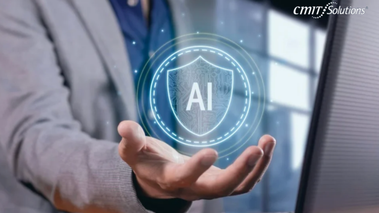 Glowing holographic shield labeled 'AI' hovering above cupped hands, symbolizing AI security (CMIT Solutions branding in corner).