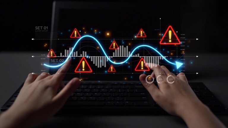 Digital dashboard displaying real-time system performance alerts and anomaly detection metrics on a laptop, illustrating predictive monitoring and cyberthreat detection for engineering firms in North Pittsburgh.