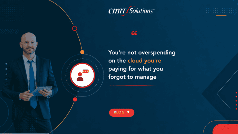 Man in a suit holding a tablet on the left; hero banner about affordable cloud management on a dark blue background with CMIT Solutions branding.