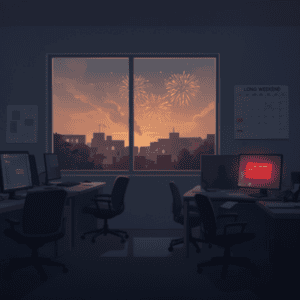 Dark office space, but an alert on the screen that nobody will see until Tuesday.