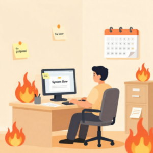 Man working at his computer with fires to put out all around him.