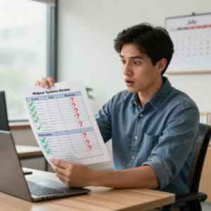 Concerned worker looking at a bad report