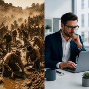 Contrast of miners working in the old west with the calm businessman at his desk.
