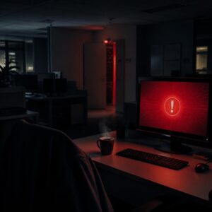 Dark room with red alerts on the computer and coming from the server room open door.