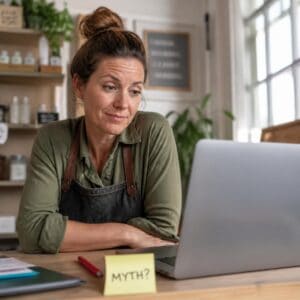 Woman at her laptop considering the cyber-myths she knows are true.