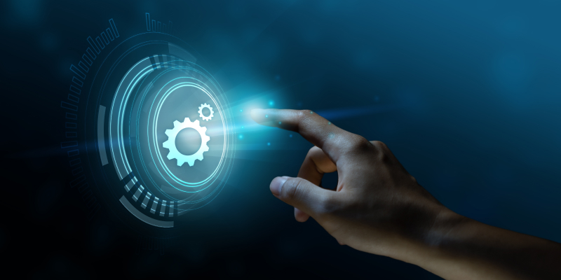 Close-up of a fingertip man touching a digital settings icon, symbolizing customized IT solutions & complaince for local business.