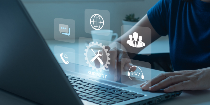 A professional reviews enterprise level support options on his computer screen.