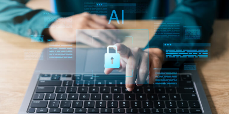 AI surrounded by chat windows & cyber warnings, symbolizing AI-driven attacks.