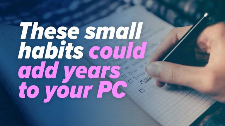 Bold white and pink text reads: 'These small habits could add years to your PC' over a background of a hand writing on graph paper.
