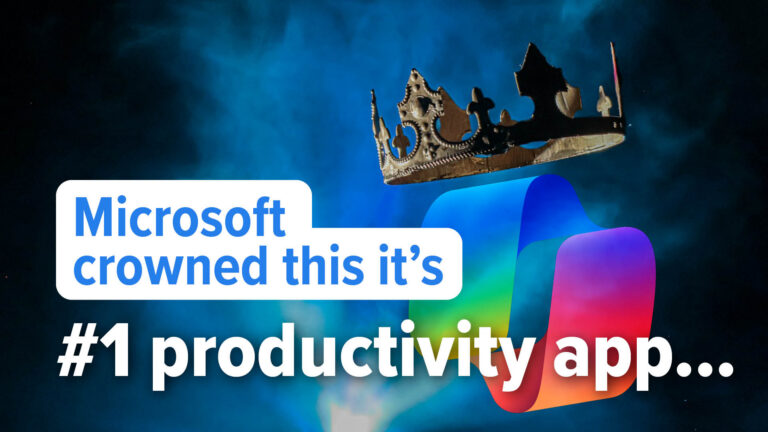 Crown hovering above a colorful Microsoft logo on a dark blue background, with bold white text overlay suggesting a 'crowned' app article.