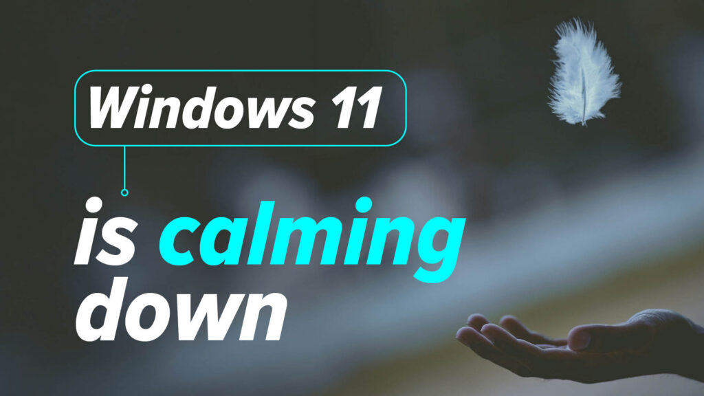 Promotional banner: teal-bordered 'Windows 11' label with a floating white feather above open hands.