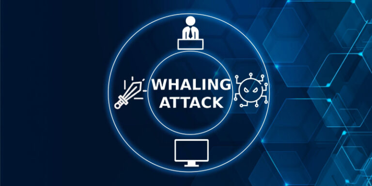 Whaling attack illustration featuring icons of an executive, computer, virus threat, and a symbolic sword.