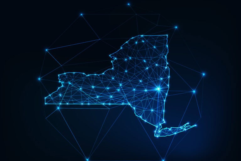 The shape of New York state outlined in light blue with a dark blue background, and small, bright, light blue dots representing network connections scattered across the state.