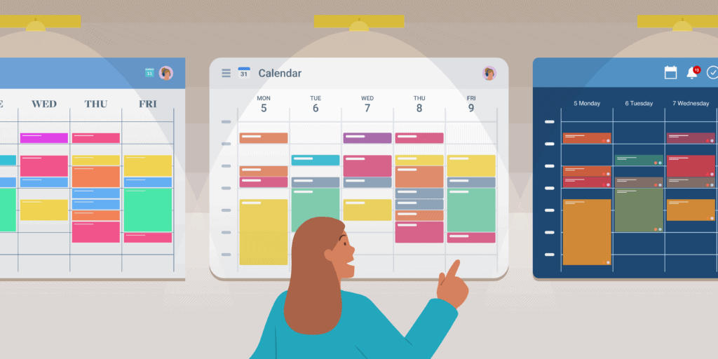 A digital graphic of a woman pointing at digital calendar schedules.